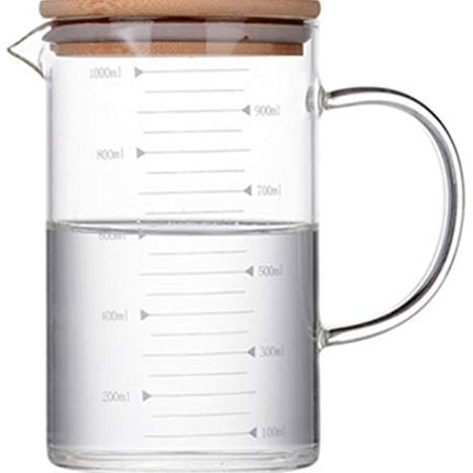 KINNOSE Graduated Beaker Mug with Handle and Durable Bamboo Lid Borosilicate Glass Multi-Function Food Grade Measuring Cup 1000ML