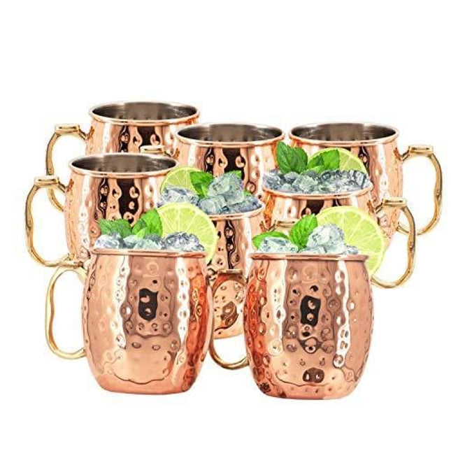 Kitchen Science Moscow Mule Mugs Set of 8| Food Safe | High Grade Stainless Steel Mugs with Pure Copper Plating | Brass Handles with Thumb Rest |19 Oz | Large Size
