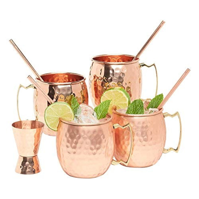 Kitchen Science Moscow Mule Copper Mugs Set of 4 (16oz) w/ 4 Straws & 1 Jigger | 100% Pure Copper Cups, Tarnish-Resistant, Ergonomic Handle (No Rivet) w/ Solid Grip (1 - Set of 4)