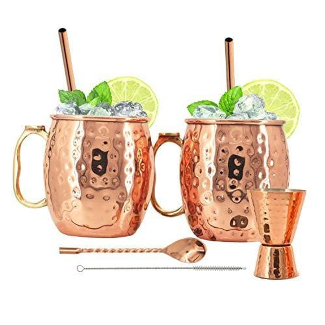 Kitchen Science [Gift Set] Moscow Mule Mugs, Stainless Steel Lined Copper Moscow Mule Cups Set of 2 (19 OZ) w/ 2 Straws & 1 Jigger | Tarnish-Resistant Stainless Steel Interior