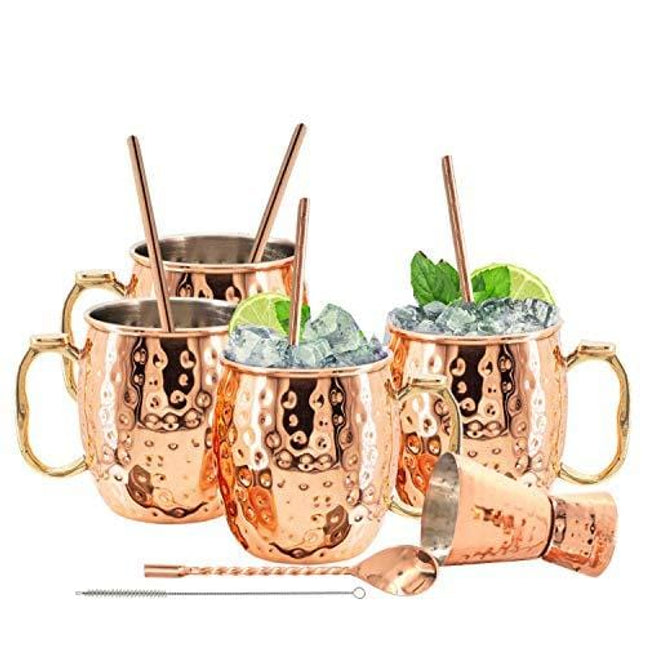Kitchen Science [Gift Set] Moscow Mule Mugs Set of 4| Food Safe | High Grade Stainless Steel Mugs with Pure Copper Plating | Brass Handles with Thumb Rest |19 Oz | Large Size| Jigger | Straws