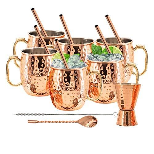 Kitchen Science Stainless Steel Lined Moscow Mule Copper Mugs - Gift Set of 6 (18 oz)