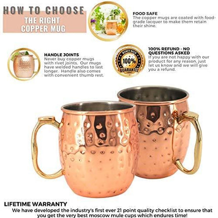 Kitchen Science [Gift Set] Moscow Mule Mugs, Stainless Steel Lined Copper Moscow Mule Cups Set of 8 (18oz) w/Straws, Jigger, Spoon & Brush | Tarnish-Resistant Stainless Steel Interior