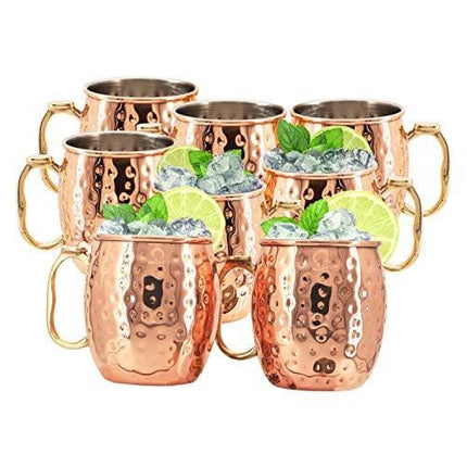 Kitchen Science [Gift Set] Moscow Mule Mugs, Stainless Steel Lined Copper Moscow Mule Cups Set of 8 (18oz) w/Straws, Jigger, Spoon & Brush | Tarnish-Resistant Stainless Steel Interior