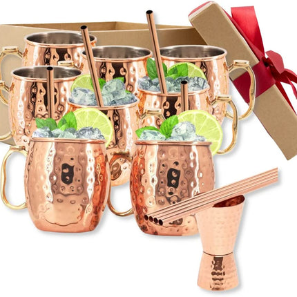 Kitchen Science [Gift Set] Moscow Mule Mugs, Stainless Steel Lined Copper Moscow Mule Cups Set of 8 (18oz) w/Straws, Jigger, Spoon & Brush | Tarnish-Resistant Stainless Steel Interior