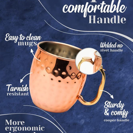 Kitchen Science Moscow Mule Mugs Set of 6| Food Safe | High Grade Stainless Steel Mugs With Pure Copper Plating | Brass Handles With Thumb Rest |19 Oz | Large Size