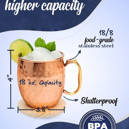 Kitchen Science Moscow Mule Mugs Set of 6| Food Safe | High Grade Stainless Steel Mugs With Pure Copper Plating | Brass Handles With Thumb Rest |19 Oz | Large Size