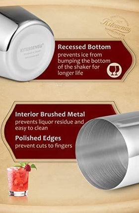 KITESSENSU Cobbler Cocktail Shaker - 24oz Martini Shaker with Strainer - Premium 18/8 Stainless Stee Drink Mixing Shaker with Recipes Booklet - Silver