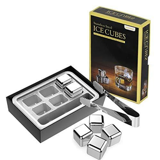 Kollea Stainless Steel Reusable Ice Cubes Chilling Stones with Tongs for Whiskey Wine (Pack of 6)