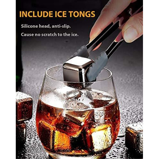 Kollea Stainless Steel Reusable Ice Cubes Chilling Stones with Tongs for Whiskey Wine (Pack of 6)