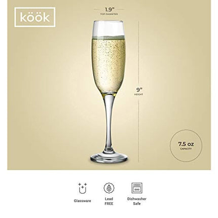 KooK Premium Clear Glass Champagne Flutes, Thin Stem, 7 ounce (12)