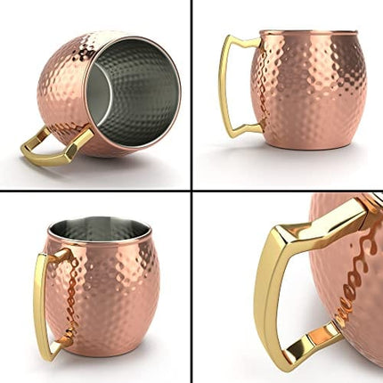 Krown Kitchen - Hammered Moscow Mule Copper Mug Set of 4| Stainless Steel Lining | 16 oz