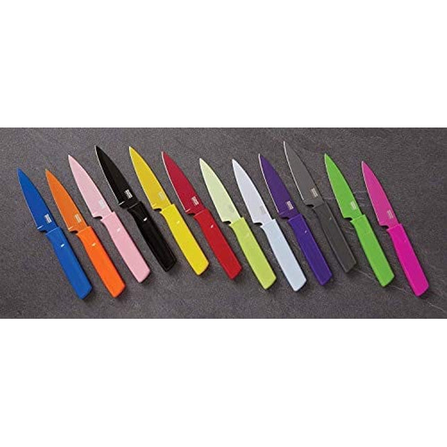 Kuhn Rikon Straight Paring Knife with Safety Sheath, 4 inch/10.16 cm Blade, Red, Yellow & Blue (Pack of 1)