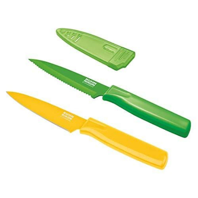 Kuhn Rikon Serrated Paring Knife with Safety Sheath, 4 inch/10.16 cm Blade, Green & Yellow