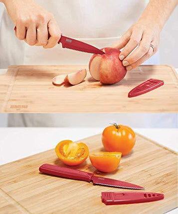 Kuhn Rikon Serrated Paring Knife with Safety Sheath, 4 inch/10.16 cm Blade, Green & Yellow