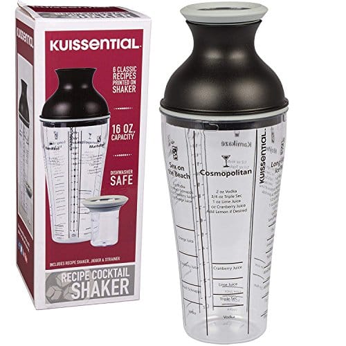 Recipe Cocktail Shaker 16oz with Jigger, Strainer 6 Printed Mixed Drink Recipe Measurements on the Bottle Long Island Ice Tea Mojito Kamikaze Manhattan Sex on the Beach, Cosmopolitan