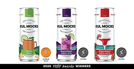 KUL MOCKS - Craft Mocktails | Ready-to-Drink Non-Alcoholic Cocktails | 0.00% ABV | Award Winning | Mock Mule, Strawberry Mock-arita, Blackberry Mock-jito | Variety - 12 Pack