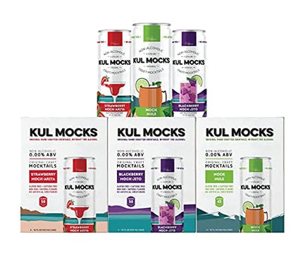 KUL MOCKS - Craft Mocktails | Ready-to-Drink Non-Alcoholic Cocktails | 0.00% ABV | Award Winning | Mock Mule, Strawberry Mock-arita, Blackberry Mock-jito | Variety - 12 Pack