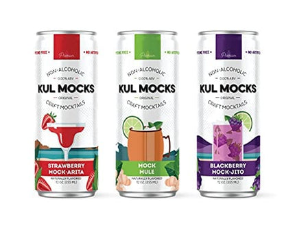 KUL MOCKS - Craft Mocktails | Ready-to-Drink Non-Alcoholic Cocktails | 0.00% ABV | Award Winning | Mock Mule, Strawberry Mock-arita, Blackberry Mock-jito | Variety - 24 Pack
