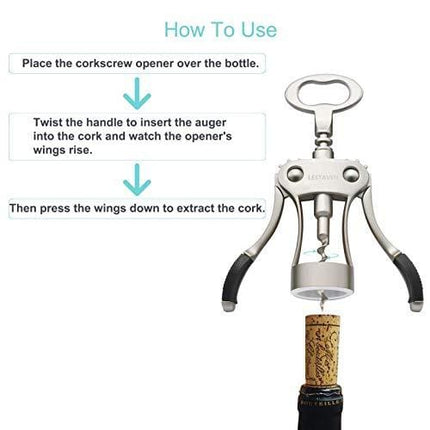 Stainless Steel Wing Corkscrew Wine Opener, Waiters Corkscrew Cork and Beer Cap Bottles Opener Remover, Used in Kitchen Restaurant Chateau and Bars,Black