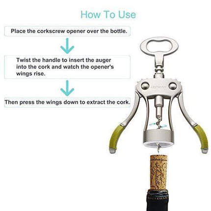 Stainless Steel Wing Corkscrew Wine Opener, Waiters Corkscrew Cork and Beer Cap Bottles Opener Remover, Used in Kitchen Restaurant Chateau and Bars，Green