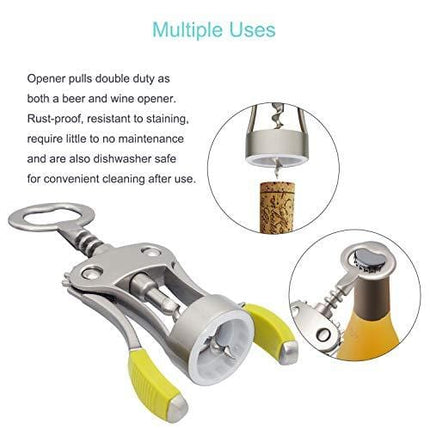 Stainless Steel Wing Corkscrew Wine Opener, Waiters Corkscrew Cork and Beer Cap Bottles Opener Remover, Used in Kitchen Restaurant Chateau and Bars，Green