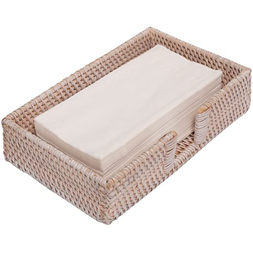 Rattan Guest Towel Holder For Bathroom Towel Caddy Rectangular Napkin Tray 9.4 x 5.9 x 2.4 inches Wicker Toilet Tank Basket Tissue Paper Hand Towels Storage Countertop (Guest Towel, White Wash)