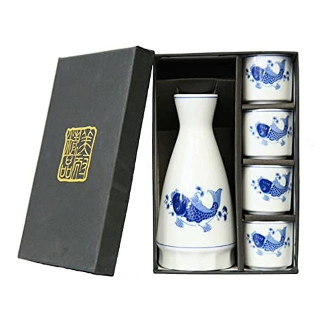 LakeTian Ceramic Japanese Sake Set of 5, Hand Painted, variety colors (fish)