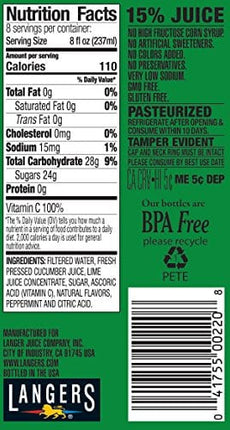 Langers Juice Cocktail, Cucumber Lime With Mint, 64 fl. oz. (Pack Of 8)