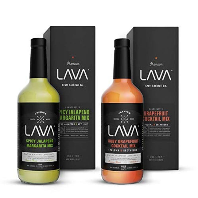LAVA Premium Spicy Jalapeño Margarita Mix & Skinny Paloma Ruby Red Grapefruit Cocktail Mixer by LAVA Craft Cocktail Co., Low Calorie, Lots of Flavor and Ready to Use 1-Liter (33.8oz) Glass Bottles