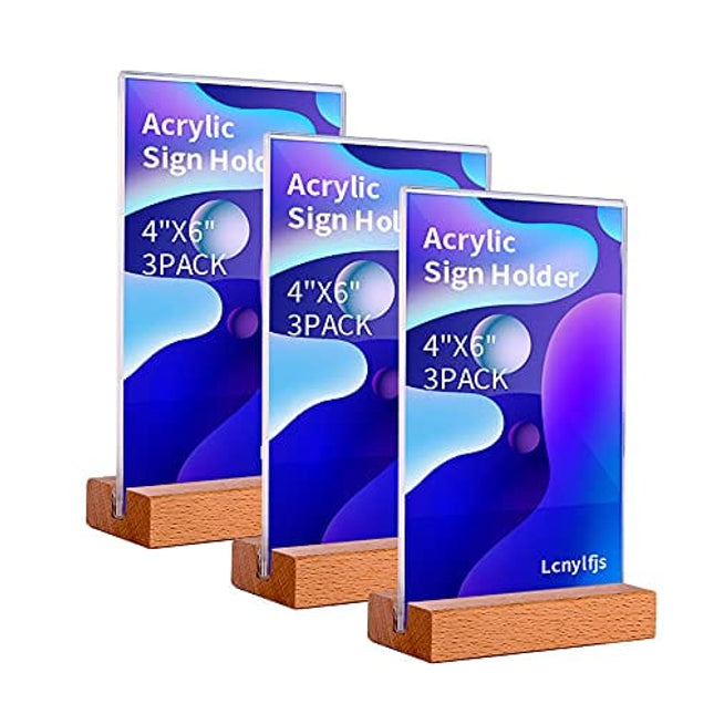 Lcnylfjs Acrylic Sign Holder 4 x 6 - Acrylic T Shape Table Top Display Stand, Double Sided, Bottom Load, Portrait Style Menu Ad Frame. Perfect for Restaurants, Promotions, Photo Frames,Office(3 Pack)