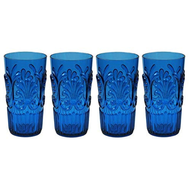 Le Cadeaux Break Resistant Polycarbonate Fleur Glasses, Blue, Set of 4, (20 ounce Tumblers)
