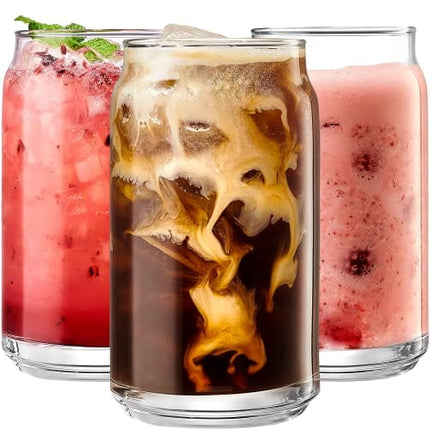 Drinking Glasses Set of 6 - Can Shaped Glass Cups Taster Glasses, 16oz Iced Coffee Glasses, Iced Tea Glasses, Tumbler Cup, Cocktail Glasses, Whiskey Soda Clear Water Cup, Beer Glasses, Cordial Glasses