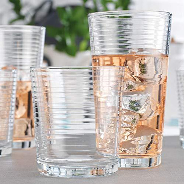 Set of 16 Heavy Base Ribbed Durable Drinking Glasses Includes 8 Cooler Glasses (17oz) and 8 Rocks Glasses (13oz), - Clear Glass Cups - Elegant Glassware Set
