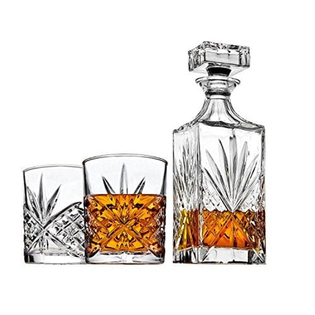 Whiskey Decanter Set with 2 Old Fashioned Whisky Glasses for Liquor Scotch Bourbon or Wine - Irish Cut