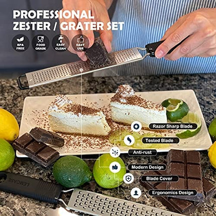 LEMCASE Lemon Zester and Cheese Grater - Citrus, Parmesan, Chocolate, Nutmeg, Garlic, Ginger - Silicone Handle and Stainless Steel Blades with Protective Cover | Black (2 Piece Set)