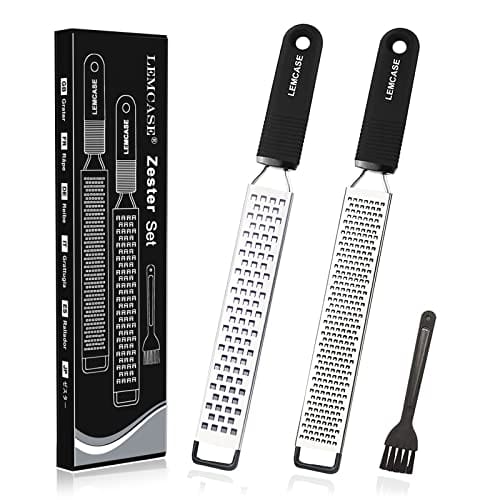 LEMCASE Lemon Zester and Cheese Grater - Citrus, Parmesan, Chocolate, Nutmeg, Garlic, Ginger - Silicone Handle and Stainless Steel Blades with Protective Cover | Black (2 Piece Set)