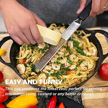 LEMCASE Lemon Zester and Cheese Grater - Citrus, Parmesan, Chocolate, Nutmeg, Garlic, Ginger - Silicone Handle and Stainless Steel Blades with Protective Cover | Black (2 Piece Set)