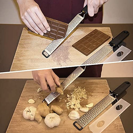 LEMCASE Lemon Zester and Cheese Grater - Citrus, Parmesan, Chocolate, Nutmeg, Garlic, Ginger - Silicone Handle and Stainless Steel Blades with Protective Cover | Black (2 Piece Set)