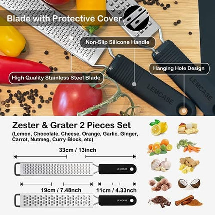 LEMCASE Lemon Zester and Cheese Grater - Citrus, Parmesan, Chocolate, Nutmeg, Garlic, Ginger - Silicone Handle and Stainless Steel Blades with Protective Cover | Black (2 Piece Set)
