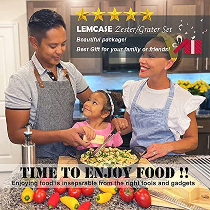 LEMCASE Lemon Zester and Cheese Grater - Citrus, Parmesan, Chocolate, Nutmeg, Garlic, Ginger - Silicone Handle and Stainless Steel Blades with Protective Cover | Black (2 Piece Set)