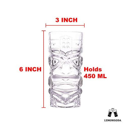 Clear Tiki Glasses, Set of 4 - 450 ML - Perfect for Exotic Cocktails, Lemonade, Ice Tea, Mixed Drinks- Exotic Zombie, Rum, Mai Tai, Pina Colada, Punch, Hurricane, Bar Drinkware