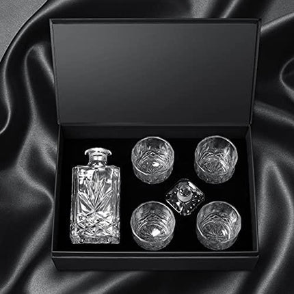 LEOSEON Premium Whiskey Decanter Set, 25 Oz decanter set with 4 Liquor 10 Oz Glasses, Made from 100% Lead-Free Glass, Elegant Gift Box