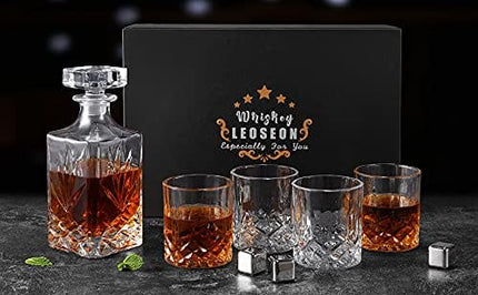 LEOSEON Premium Whiskey Decanter Set, 25 Oz decanter set with 4 Liquor 10 Oz Glasses, Made from 100% Lead-Free Glass, Elegant Gift Box