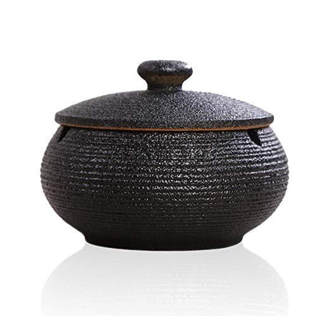 Lependor Ceramic Ashtray with Lids, Windproof, Cigarette Ashtray for Indoor or Outdoor Use，Ash Holder for Smokers,Desktop Smoking Ash Tray for Home Office Decoration - Black