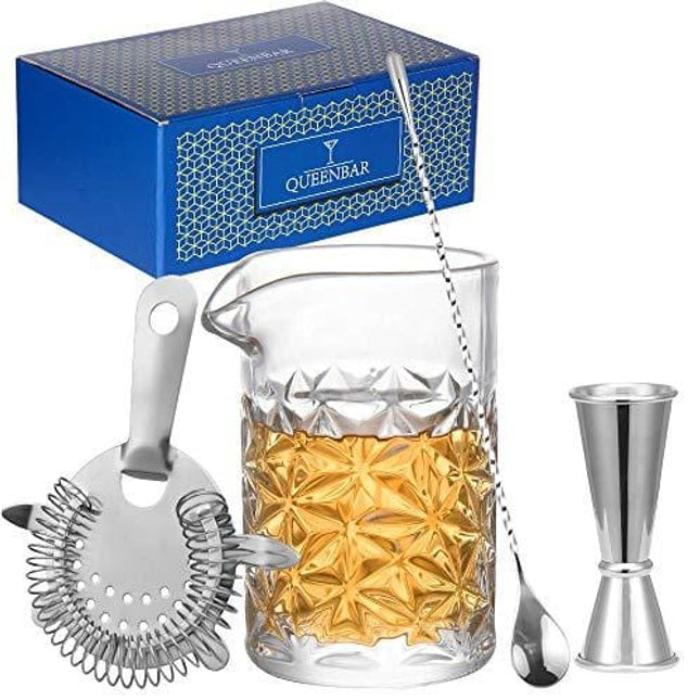 LESI Classic Cocktail Mixing Glass Set Crystal Stirring Glass Bartender Kit 4-Piece with Spoon, Strainer, Jigger