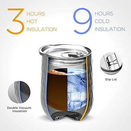 Vacuum Insulated Wine Tumbler with Sliding Lid - Stainless Steel Wine Glass Tumbler Coffee Mug 12 oz, Spill Proof, Travel Friendly for Champagne, Cocktail, Beer and More, 1 Pack
