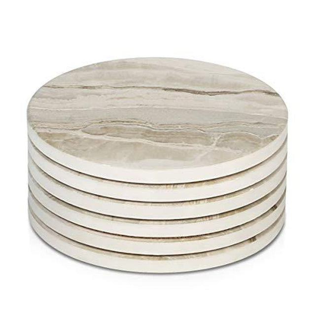 LIFVER Drink Coasters 6 Pieces Ceramic, Absorbent Coasters for Drinks ,Stone Style Coaster Set with Cork Base for Wooden Table ,Housewarming Gift for Friend