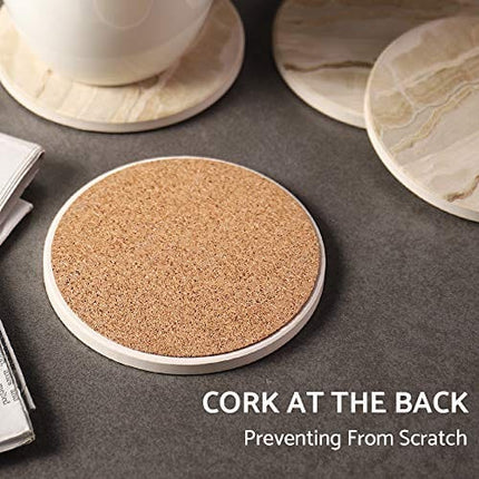 LIFVER Drink Coasters 6 Pieces Ceramic, Absorbent Coasters for Drinks ,Stone Style Coaster Set with Cork Base for Wooden Table ,Housewarming Gift for Friend