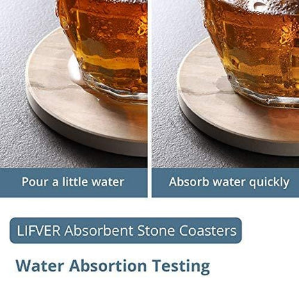LIFVER Drink Coasters 6 Pieces Ceramic, Absorbent Coasters for Drinks ,Stone Style Coaster Set with Cork Base for Wooden Table ,Housewarming Gift for Friend